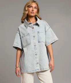 BKE Washed Denim Stretch Shirt Light Blue Discount