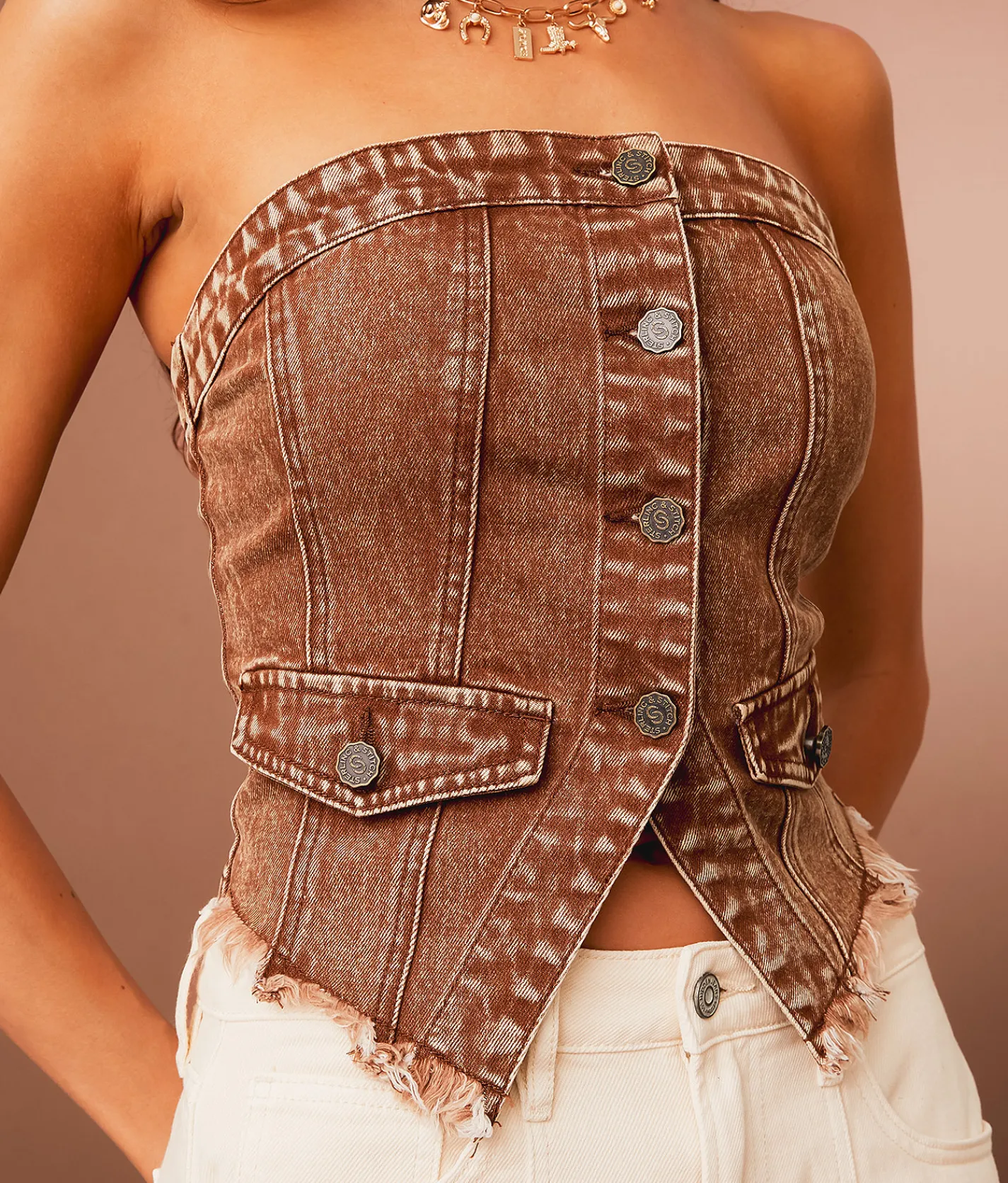 Sterling & Stitch Washed Denim Stretch Tube Top Washed Brown Online