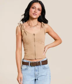 Tops | Gilded Intent Washed Denim Tank Top Brown