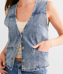 Ci Sono Washed Denim Vest Medium Wash Hot