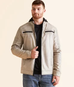 Buckle Black Washed Faux Leather Hooded Jacket Light Khaki Online