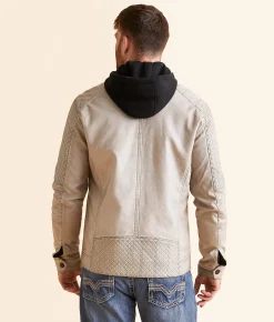 Buckle Black Washed Faux Leather Hooded Jacket Light Khaki Online