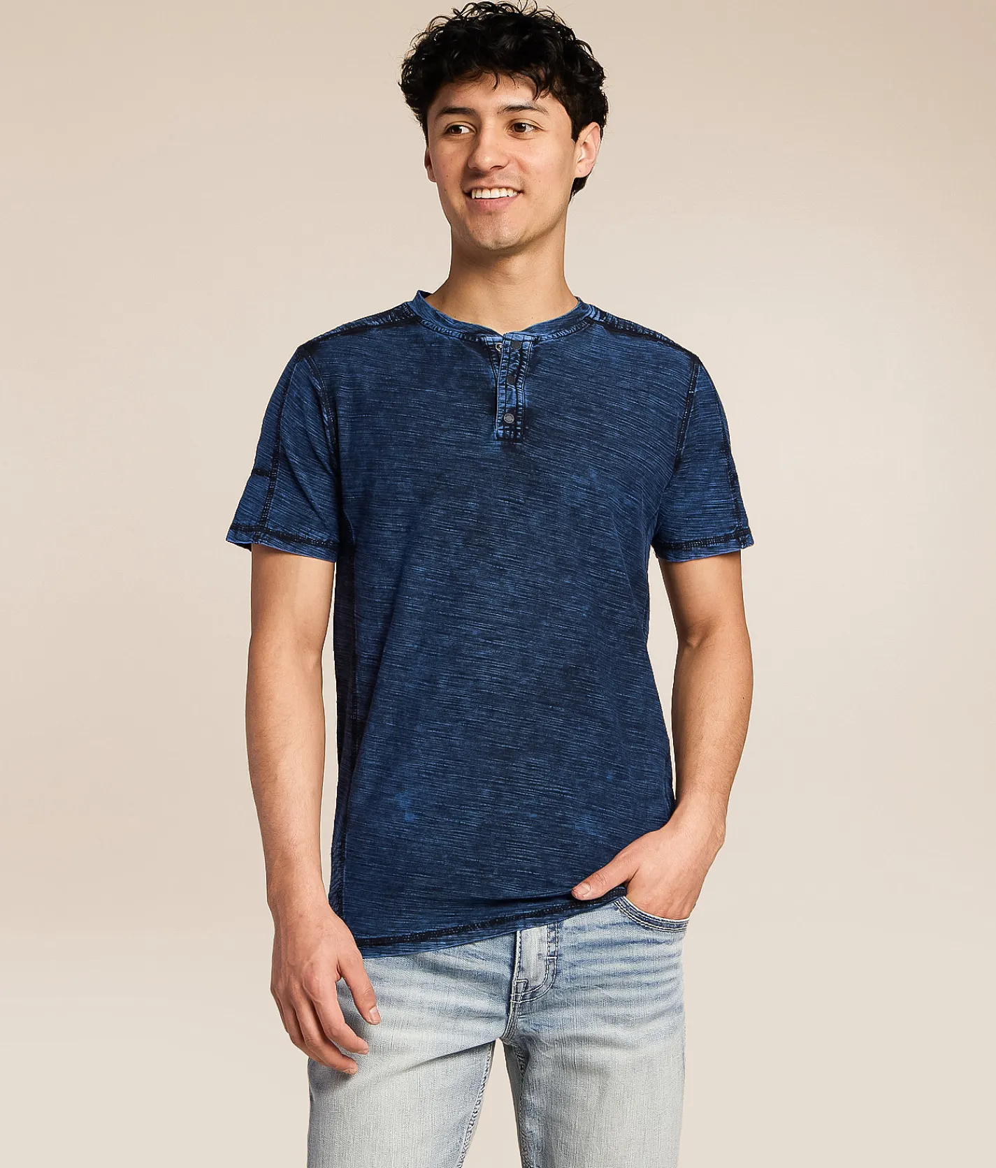 Tops | Buckle Black Washed Henley Azure Blue