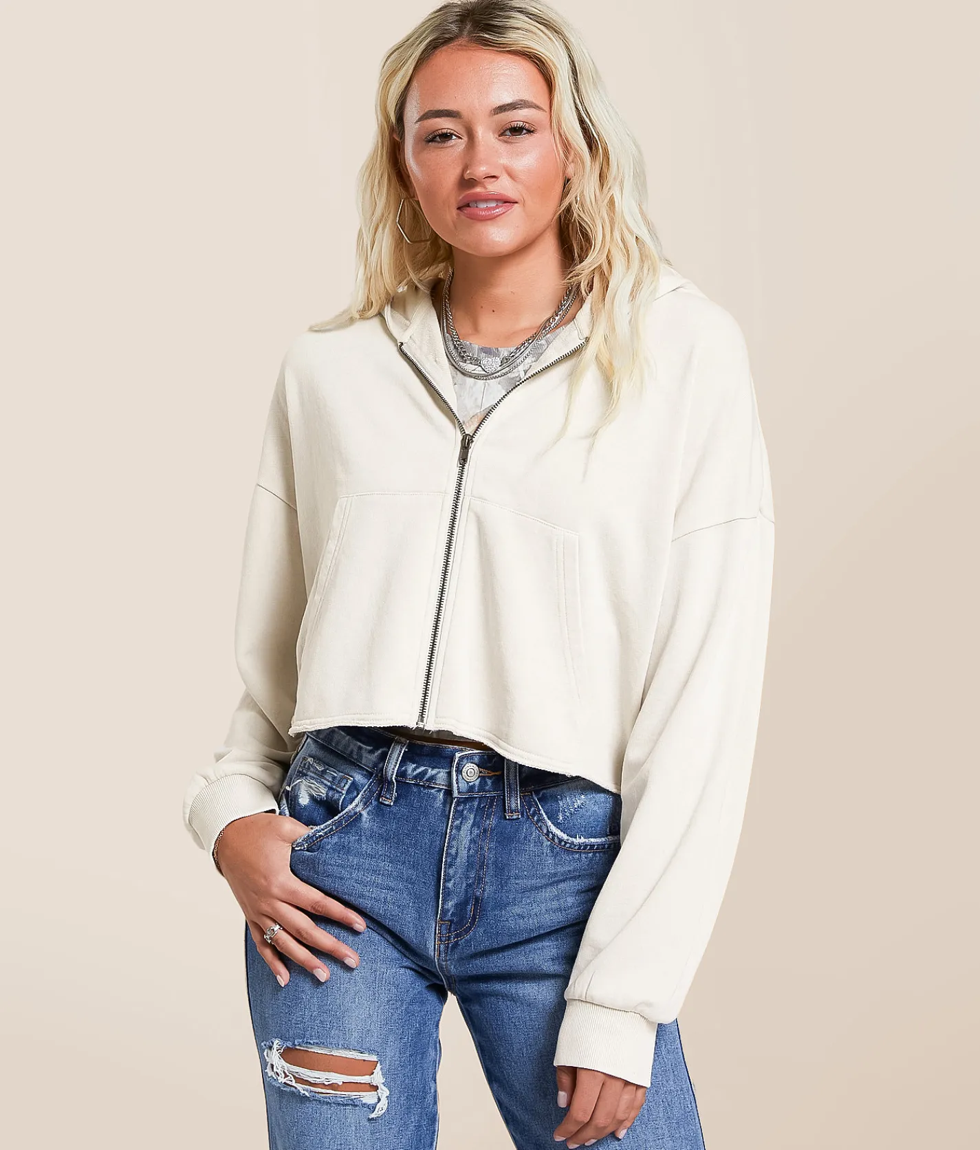 Gilded Intent Washed Knit Cropped Hoodie Stone Tile Online