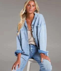 BKE Washed Knit Shacket Denim Blue Discount