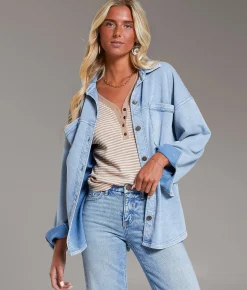 BKE Washed Knit Shacket Denim Blue Discount