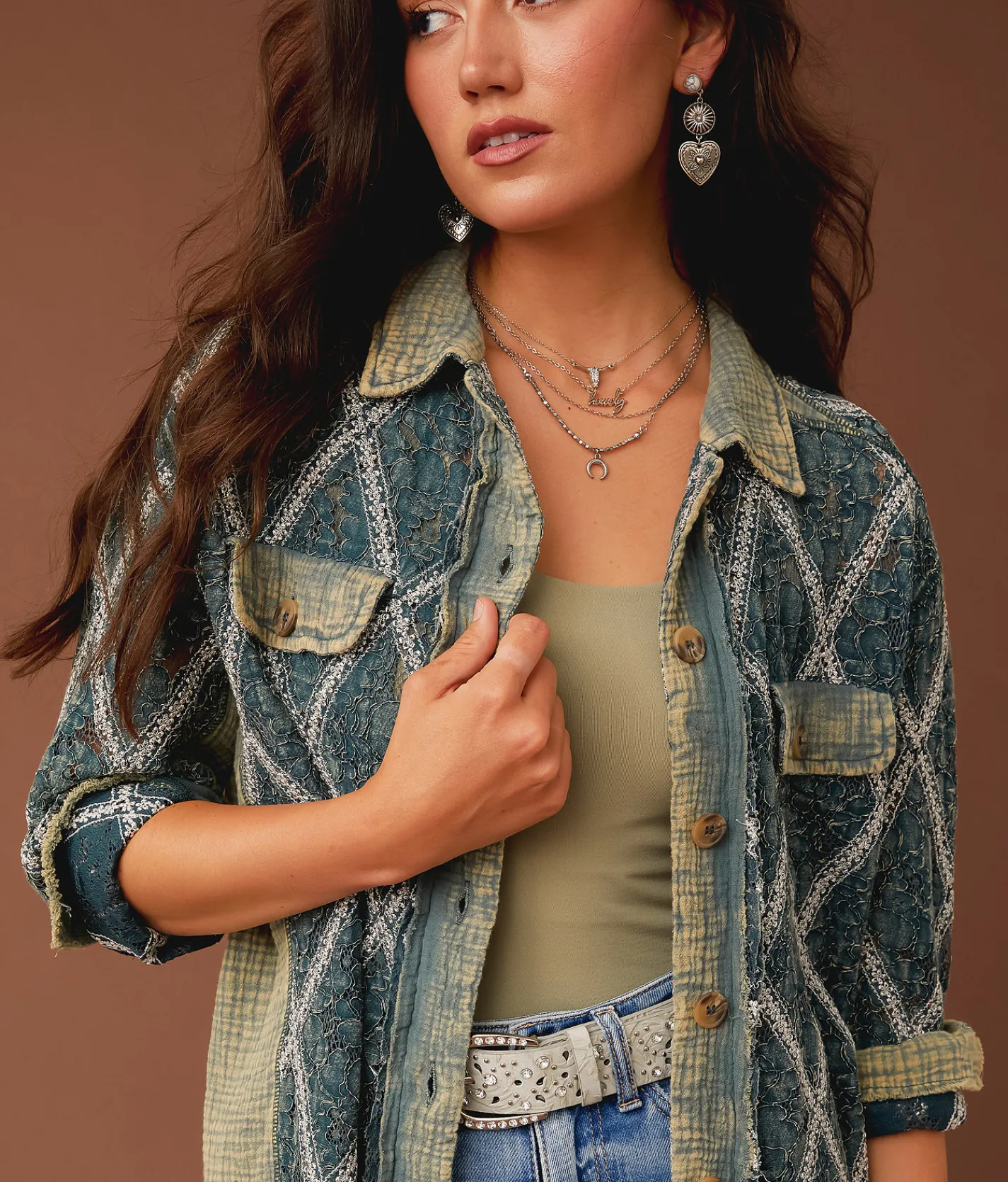 Tops|Coats & Jackets | Gimmicks Washed Lace Shacket Washed Green