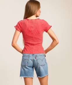 Tops | Gilded Intent Washed Lace Trim Top Chinese Red