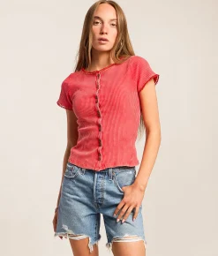 Tops | Gilded Intent Washed Lace Trim Top Chinese Red