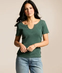 Gilded Intent Washed Lace-Up Top Bistro Green Clearance