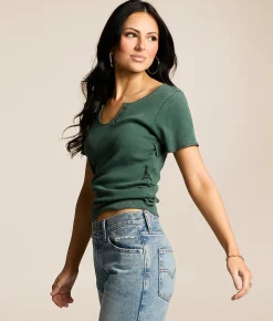Gilded Intent Washed Lace-Up Top Bistro Green Clearance
