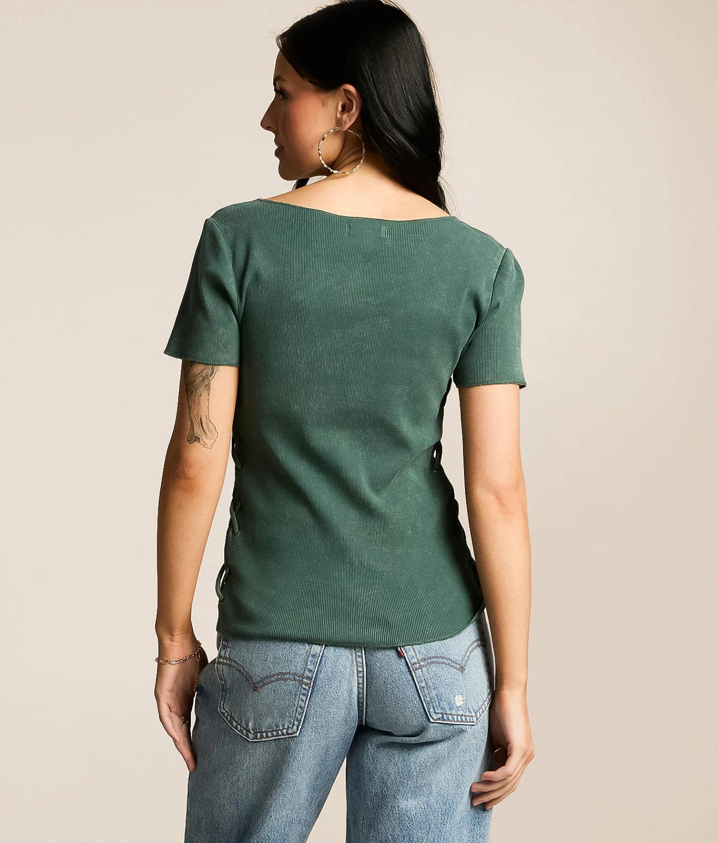 Gilded Intent Washed Lace-Up Top Bistro Green Clearance