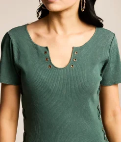 Gilded Intent Washed Lace-Up Top Bistro Green Clearance