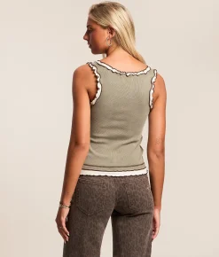 Gilded Intent Washed Lettuce Trim Henley Tank Top Olive Hot
