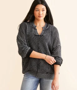 Tops | BKE Washed Notch Neck Oversized Sweater Black