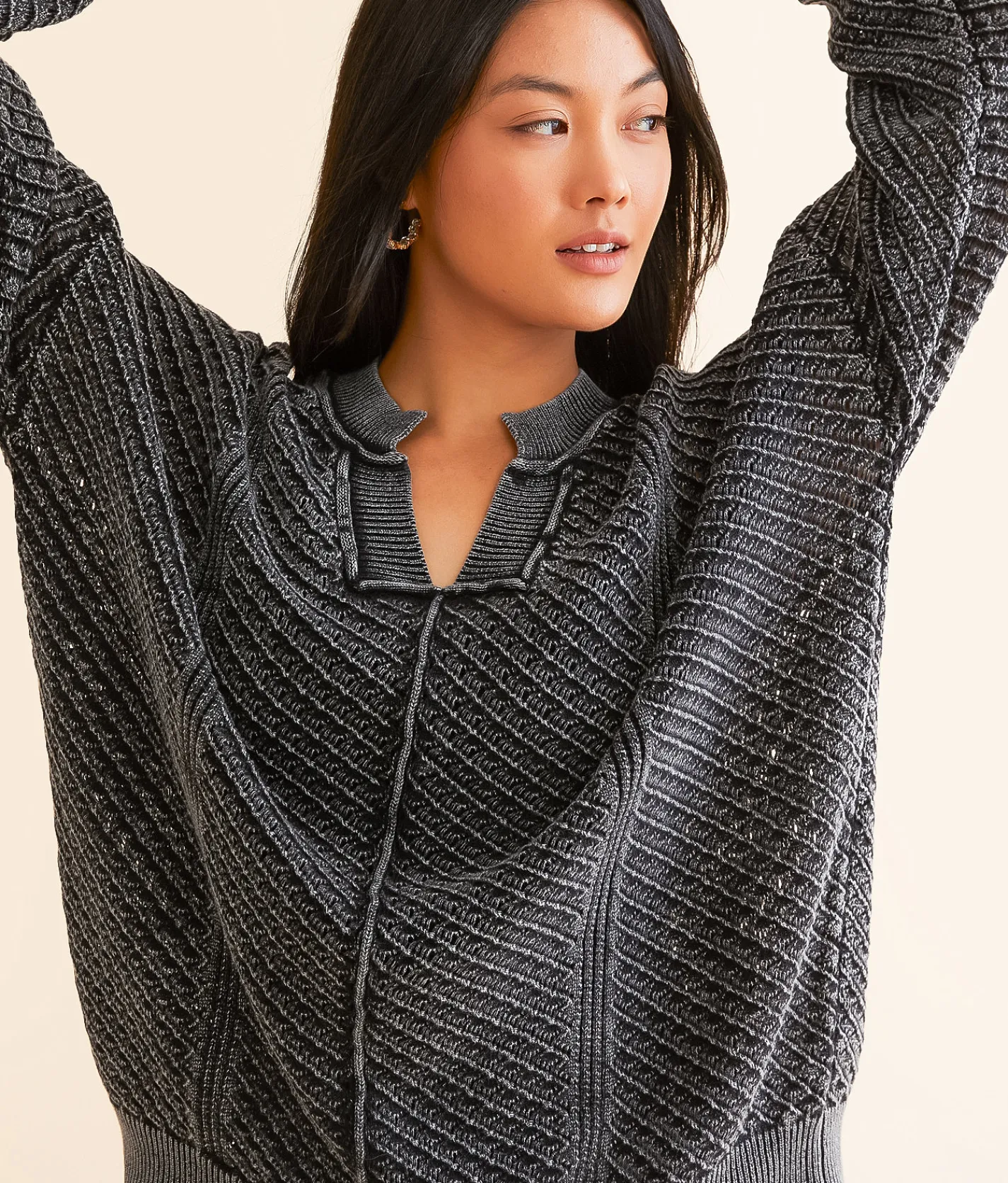 Tops | BKE Washed Notch Neck Oversized Sweater Black