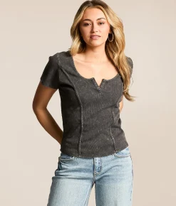 Tops | Gilded Intent Washed Notch Neck Top Washed Black