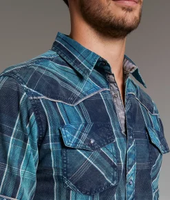 BKE Vintage Washed Plaid Athletic Shirt Navy Teal Discount