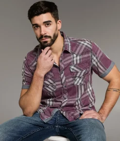 BKE Vintage Washed Plaid Athletic Shirt Maroon Black Best