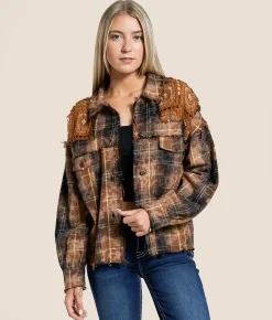 Tops|Coats & Jackets | Miss Me Washed Plaid Hooded Shacket Camel Brown