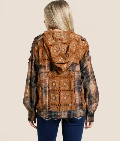 Tops|Coats & Jackets | Miss Me Washed Plaid Hooded Shacket Camel Brown