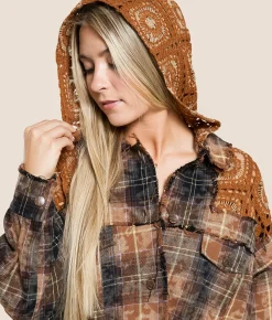 Tops|Coats & Jackets | Miss Me Washed Plaid Hooded Shacket Camel Brown