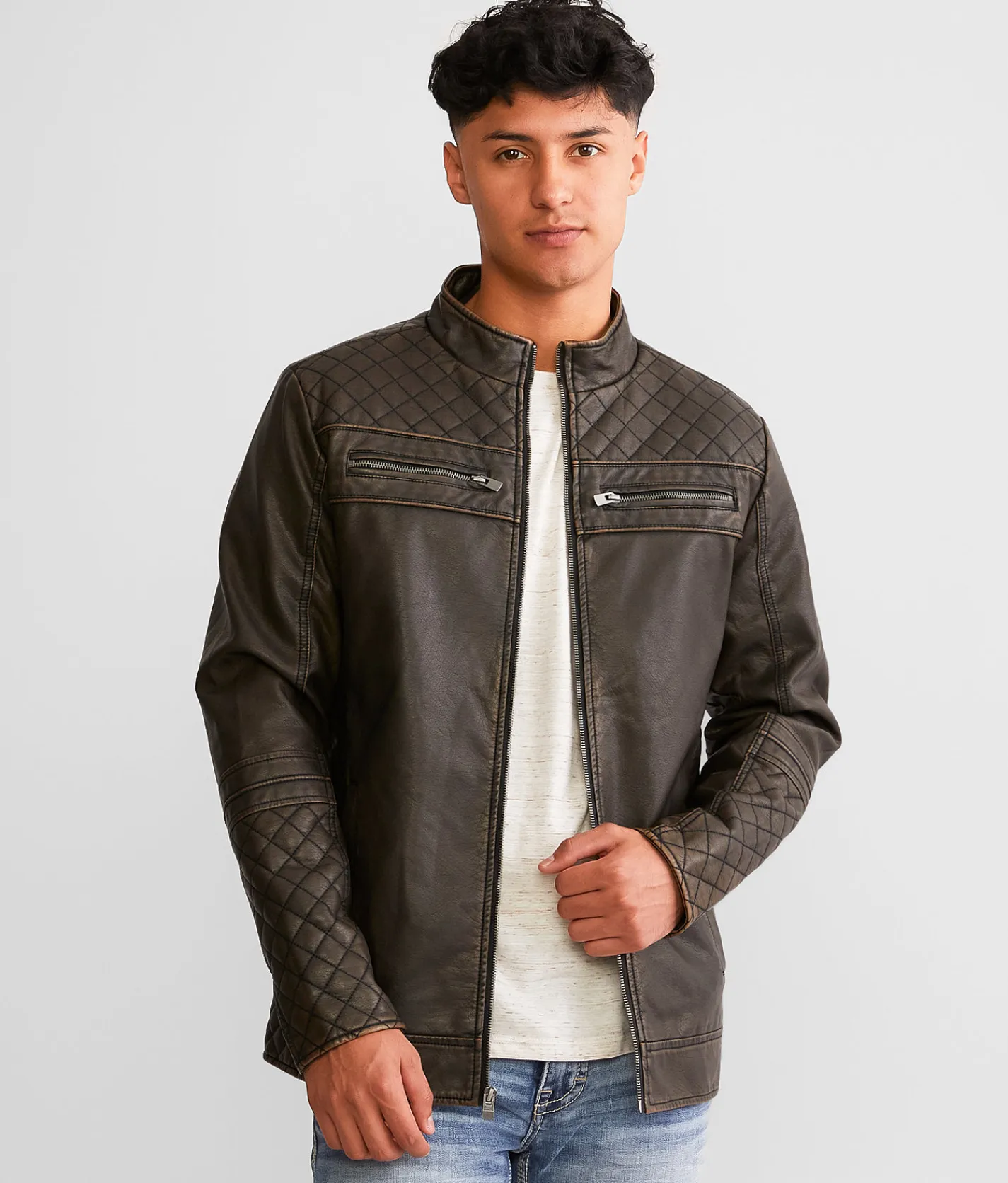 Buckle Black Washed Pleather Jacket Brown Sale