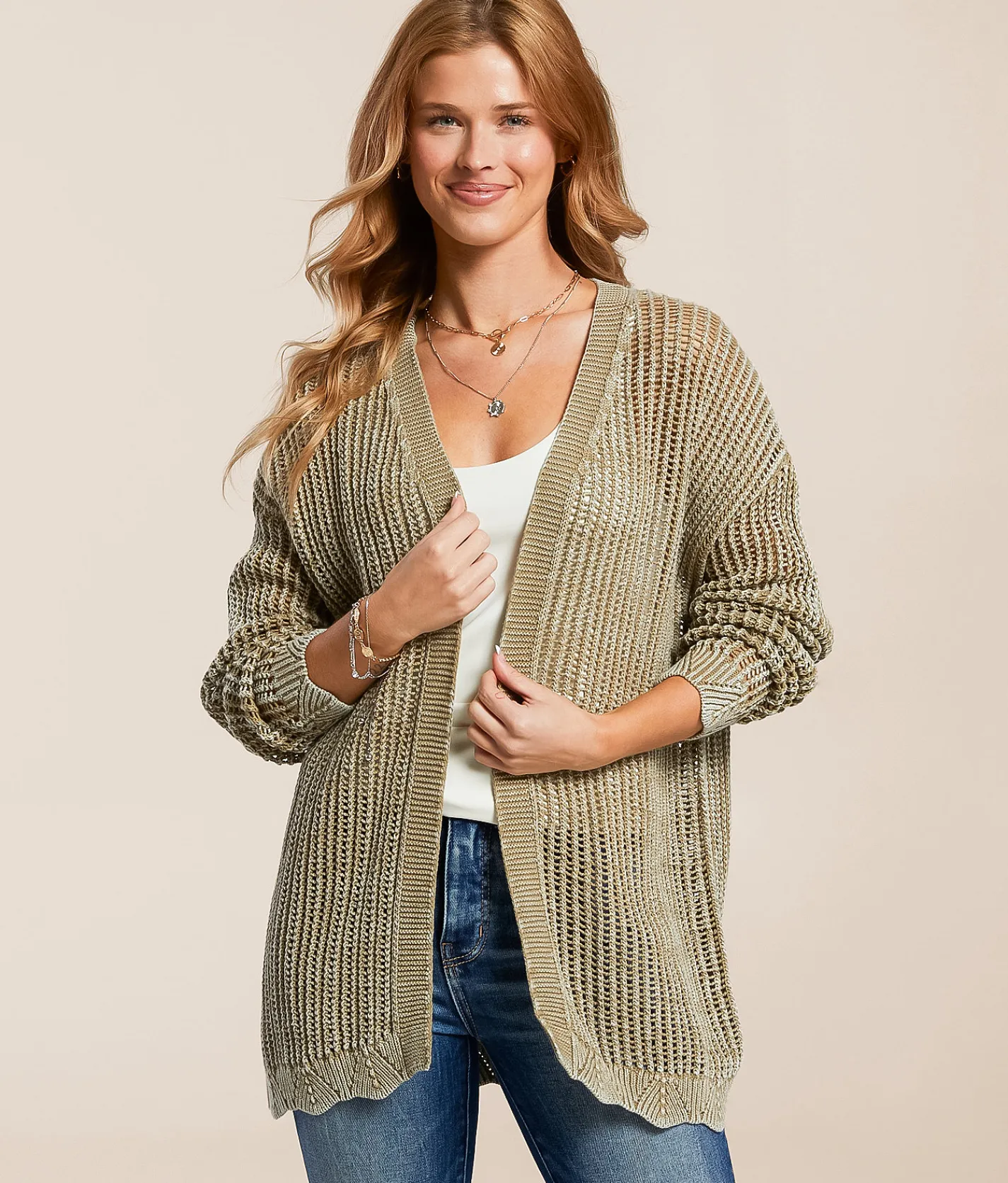 BKE Washed Pointelle Cardigan Sweater Olive Hot