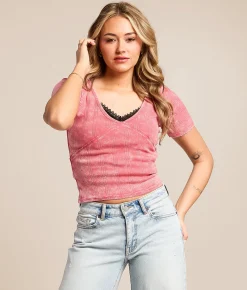 Tops | Gilded Intent Washed Pointelle Top Carmine