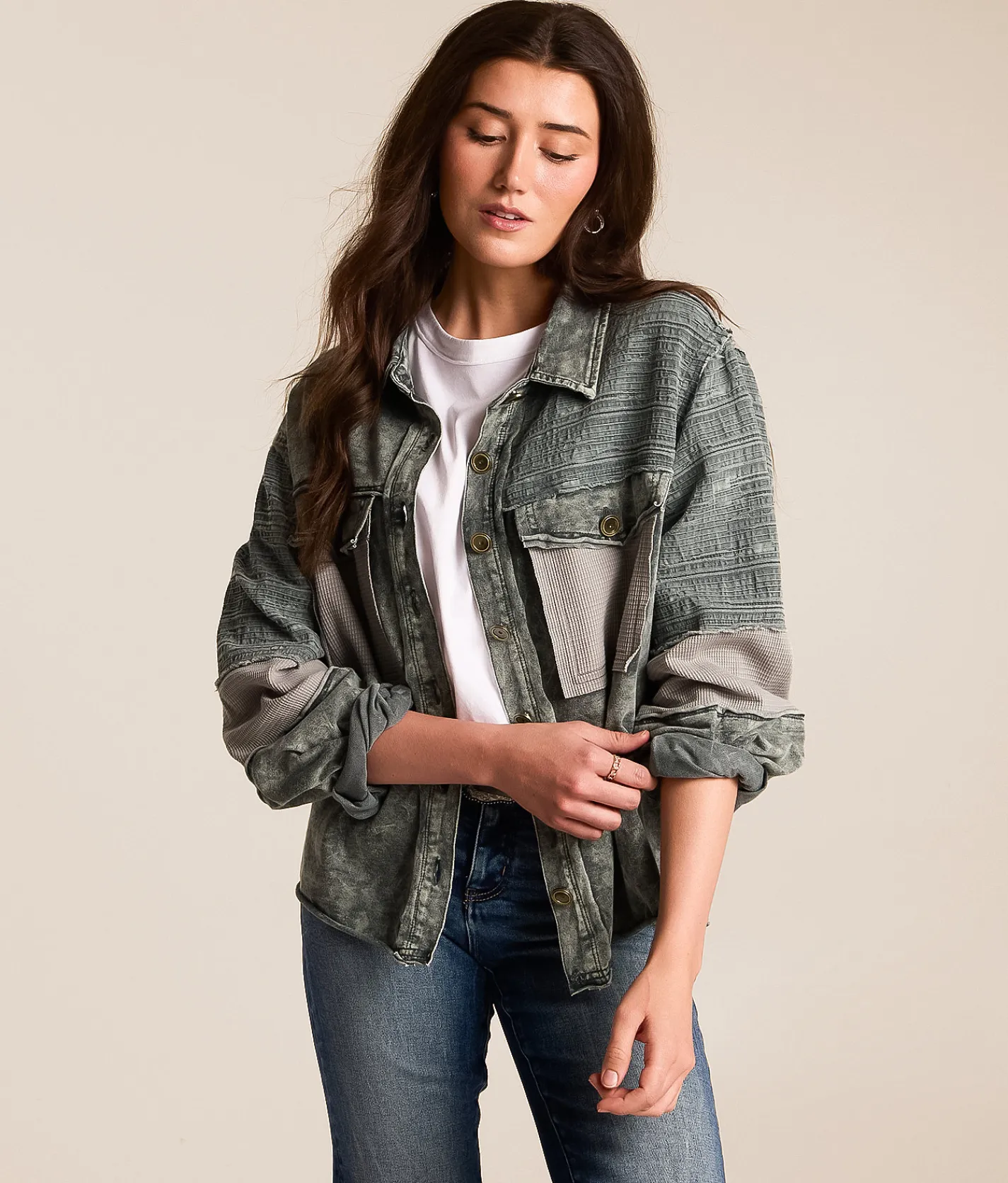 POL Washed Raw Edge Oversized Shacket Charcoal Hot