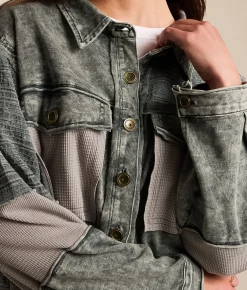 POL Washed Raw Edge Oversized Shacket Charcoal Hot