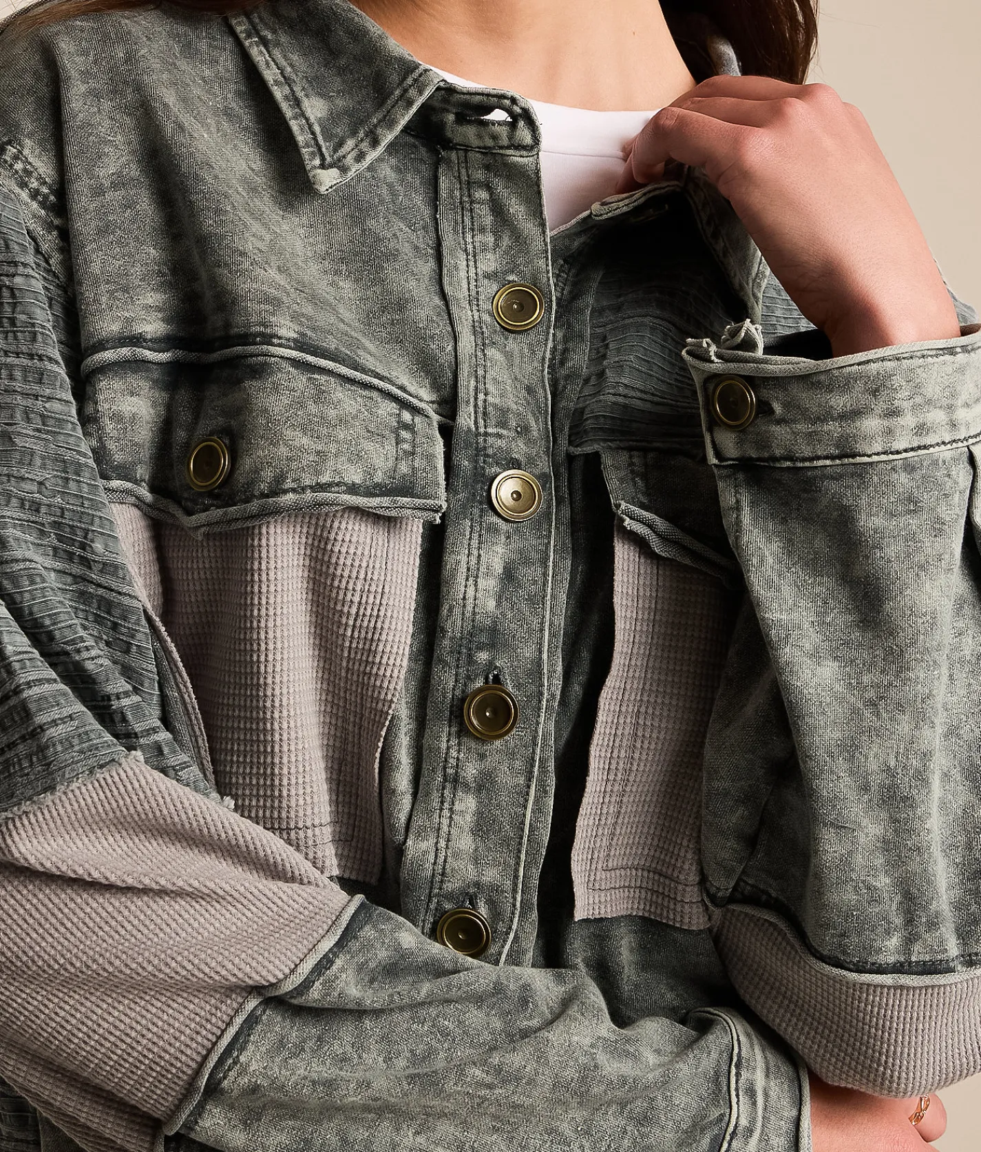 POL Washed Raw Edge Oversized Shacket Charcoal Hot