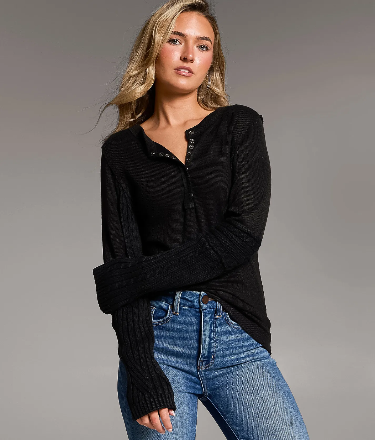 Tops | BKE Washed Snap Henley Washed Black