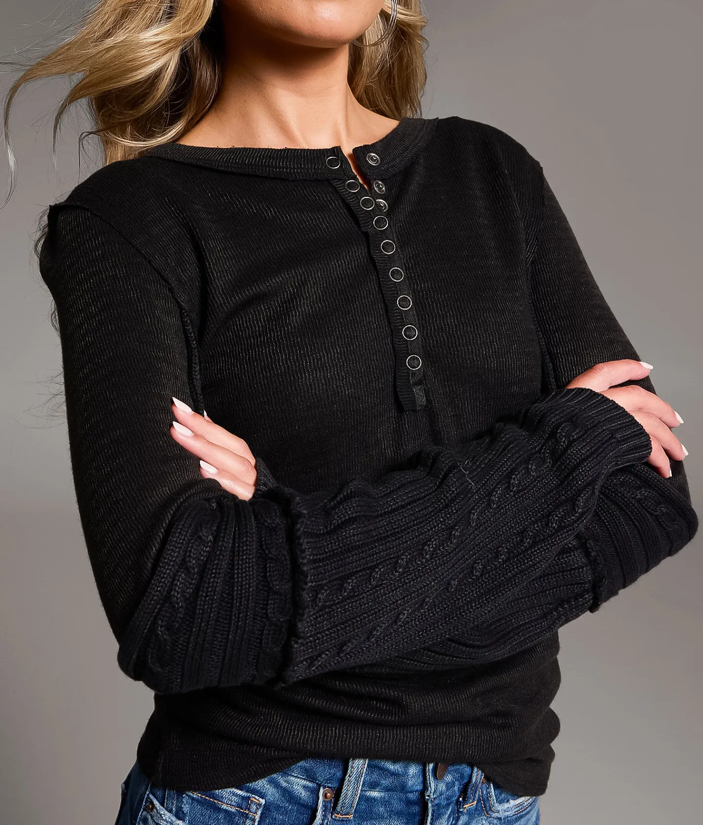 Tops | BKE Washed Snap Henley Washed Black