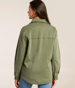 Stoosh Washed Stretch Denim Shacket Olive Sale
