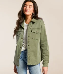 Stoosh Washed Stretch Denim Shacket Olive Sale