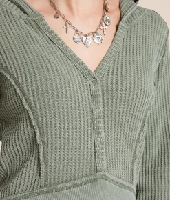 Tops | Gilded Intent Washed Thermal Hoodie Dusty Green