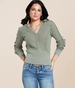 Tops | Gilded Intent Washed Thermal Hoodie Dusty Green
