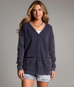 Tops | BKE Washed Waffle Cardigan Mood Indigo