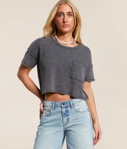 Tops | FITZ + EDDI Washed Waffle Cropped T-Shirt Ebony