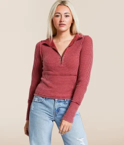 Gilded Intent Washed Waffle Knit Pullover Karanda Red Hot