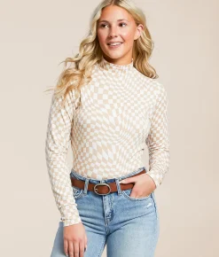 Willow & Root Wavy Checkered Top Mauve Cream New