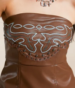 Tops | Blue B Western Faux Leather Studded Tube Top Brown Multi