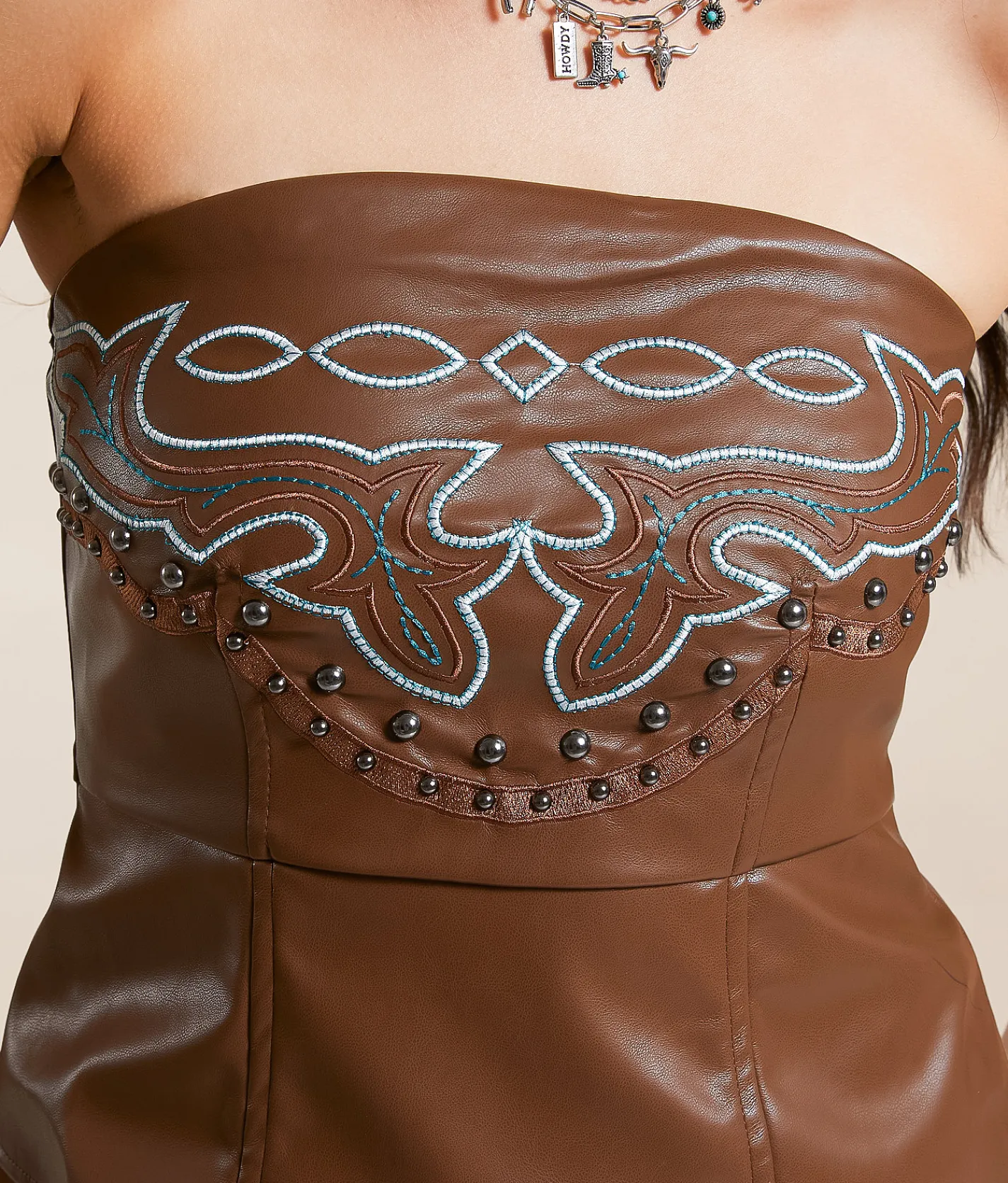 Tops | Blue B Western Faux Leather Studded Tube Top Brown Multi