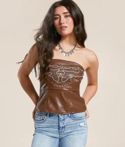Tops | Blue B Western Faux Leather Studded Tube Top Brown Multi