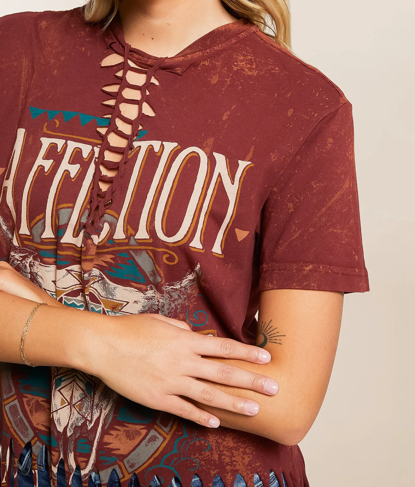 Affliction Western Original Fringe T-Shirt Oxblood Red Sale