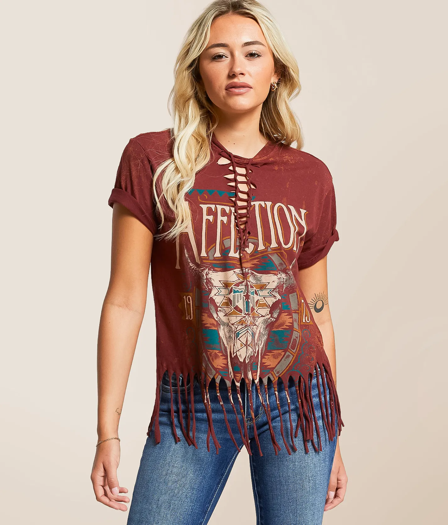 Affliction Western Original Fringe T-Shirt Oxblood Red Sale