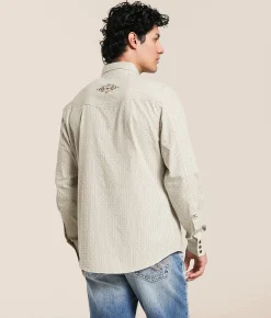 Gentry County Western Striped Athletic Shirt Cream Brown Clearance