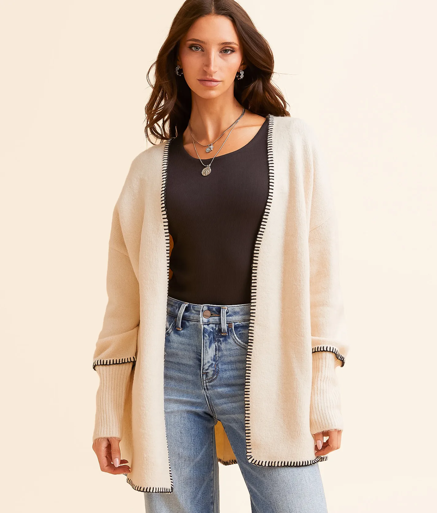 Tops | BKE Whipstitch Cardigan Sweater Birch