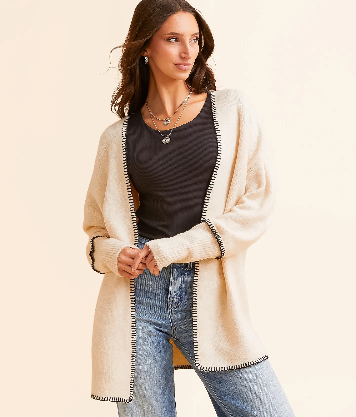 Tops | BKE Whipstitch Cardigan Sweater Birch